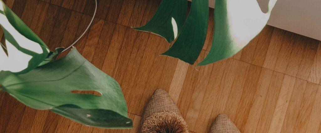 A person standing on the floor with their feet in front of some plants.