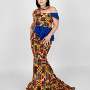 Kente Asymmetric Neckline Off-the-shoulder African Dress - 1