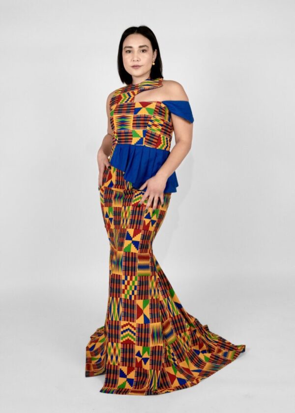 Kente Asymmetric Neckline Off-the-shoulder African Dress - 1