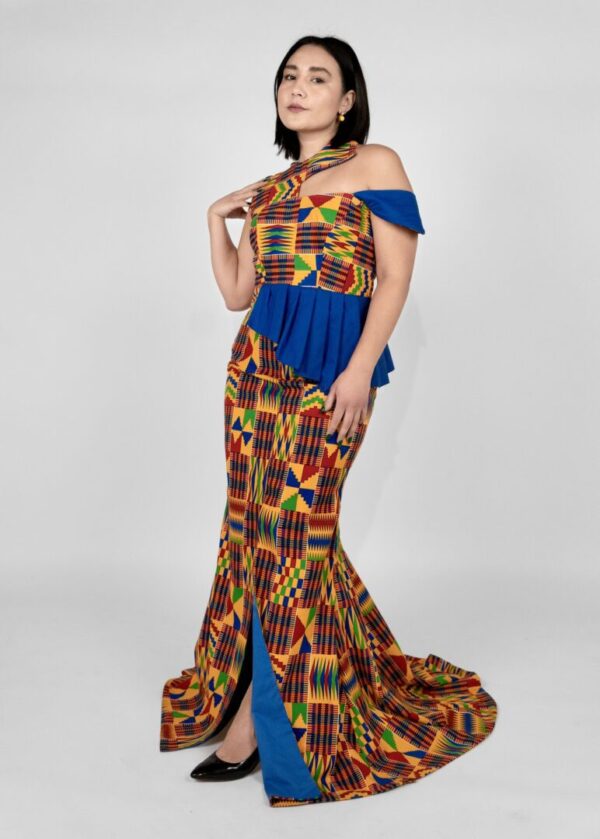 Kente Asymmetric Neckline Off-the-shoulder African Dress - 2