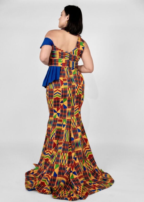 Kente Asymmetric Neckline Off-the-shoulder African Dress - 3