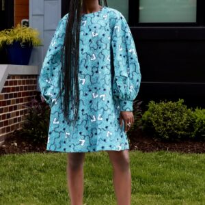 Geometric Print Puffy- Sleeves African Dress-5