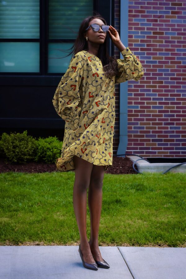 Geometric Print Puffy- Sleeves African Dress (Mustard)-5