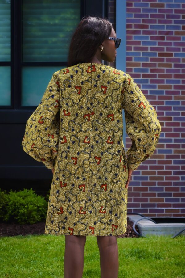 Geometric Print Puffy- Sleeves African Dress (Mustard)-4