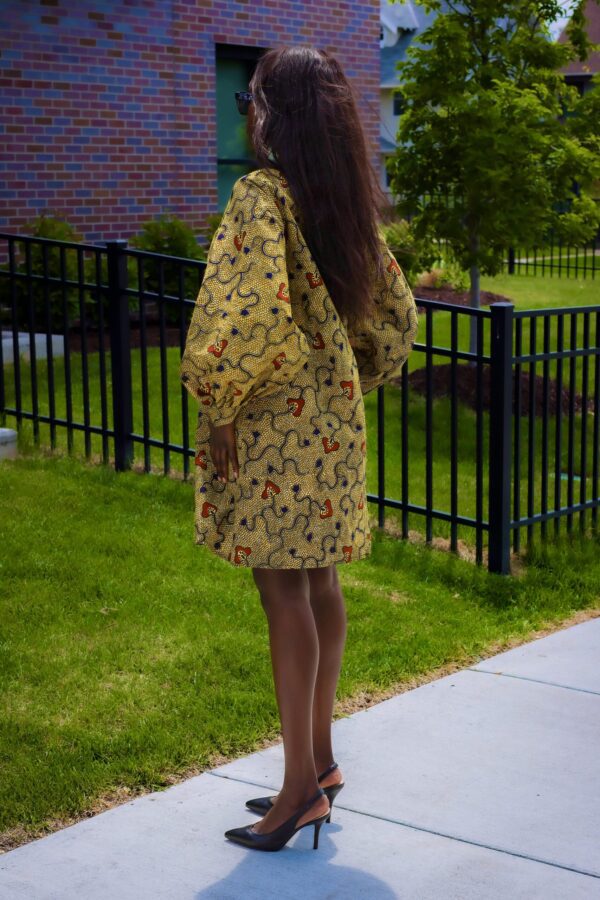 Geometric Print Puffy- Sleeves African Dress (Mustard)-3