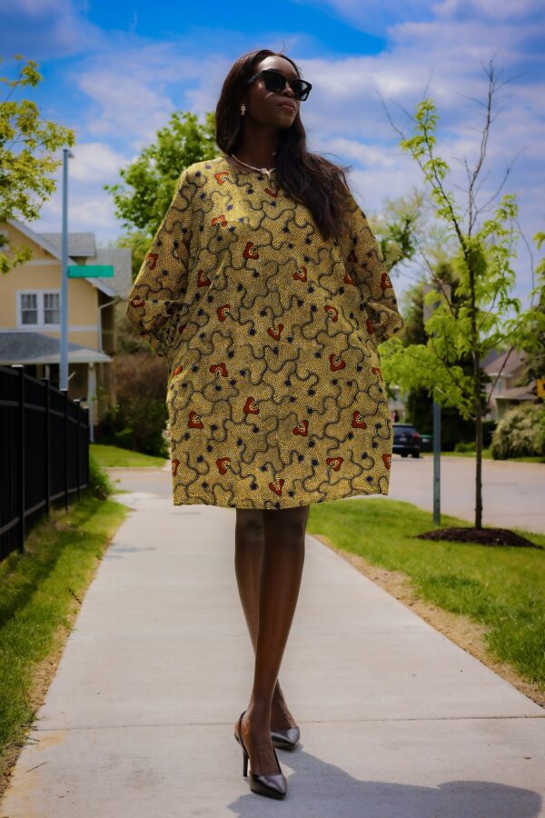 Geometric Print Puffy- Sleeves African Dress (Mustard)-2