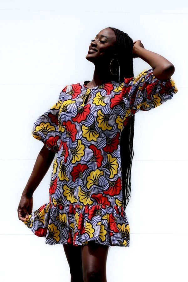 Fleur De Marriage Print Puffy- Sleeves African Ruffle Bottom Dress-4