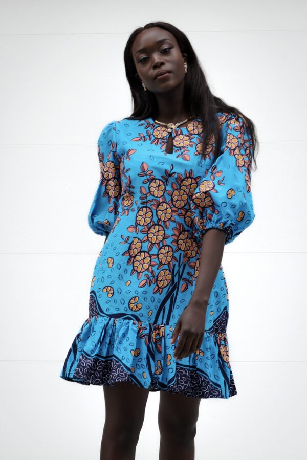 Richness African Print Puffy- Sleeves African Ruffle Bottom Dress-4