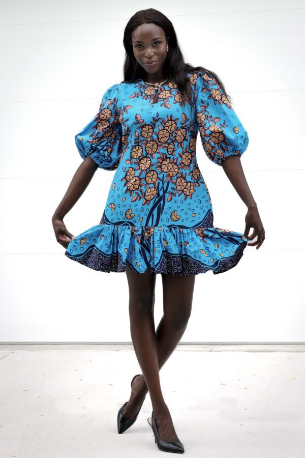 Richness African Print Puffy- Sleeves African Ruffle Bottom Dress-1