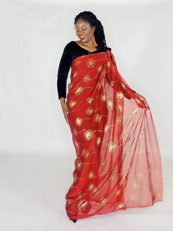 Woman wearing red and gold patterned saree.