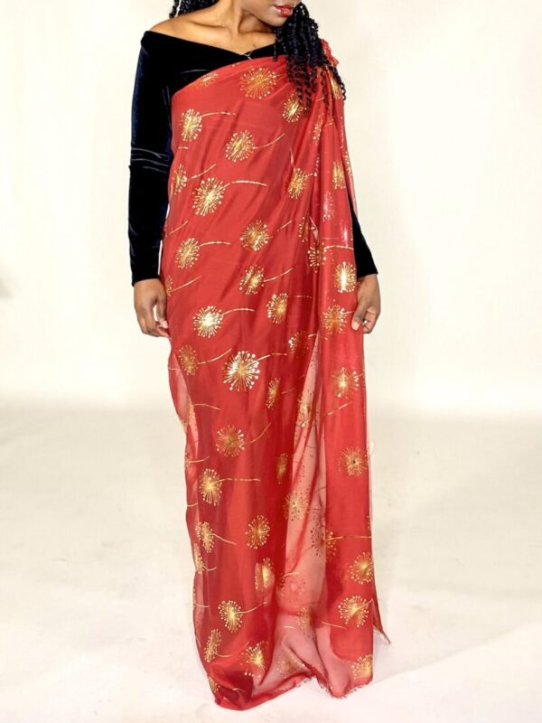 Woman wearing red and gold patterned saree.