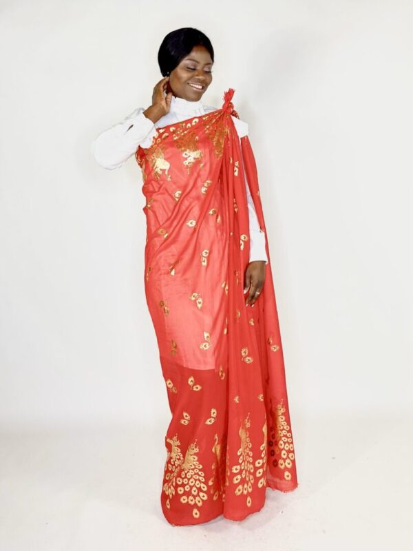 Woman wearing a red and gold saree