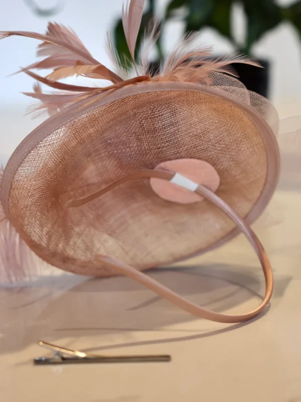 Pink feathered hat with headband and clip.