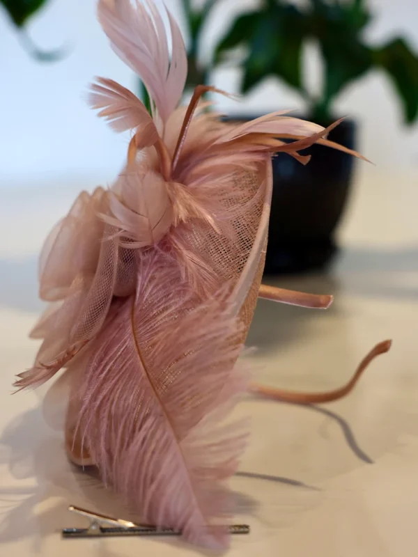 Pink feathered hat with a headband.