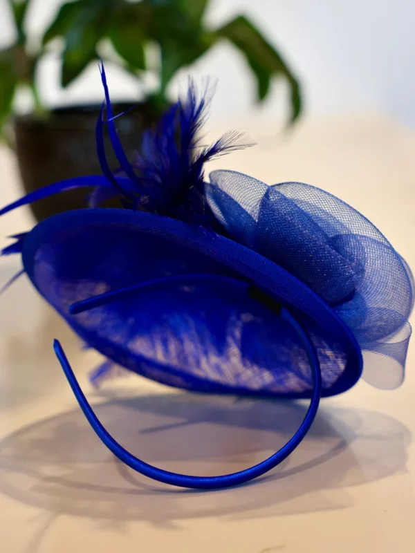 Blue feathered hat with headband.