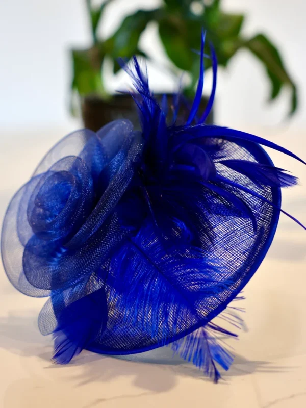 A blue hat with feathers on top of it.