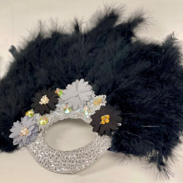 Black feather and jeweled masquerade mask.