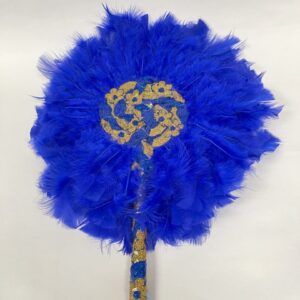 Blue and gold feather hand fan.