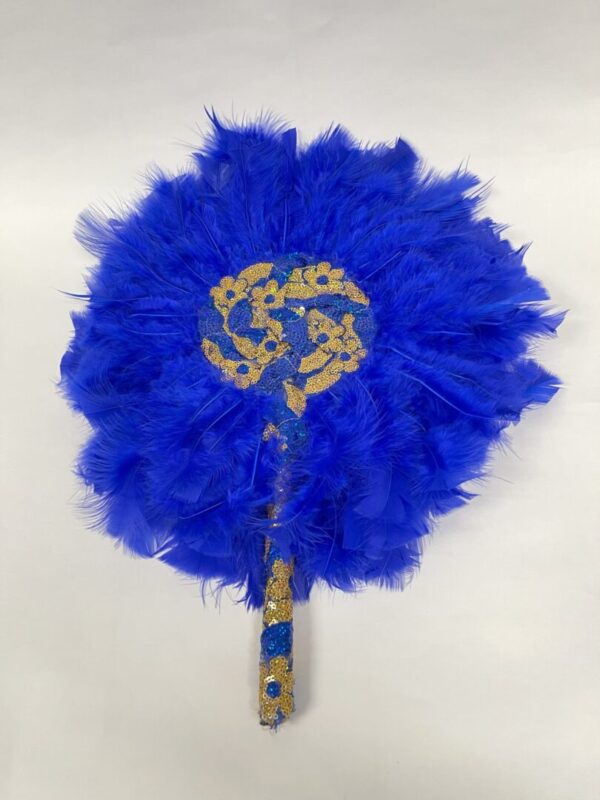 Blue and gold feather hand fan.