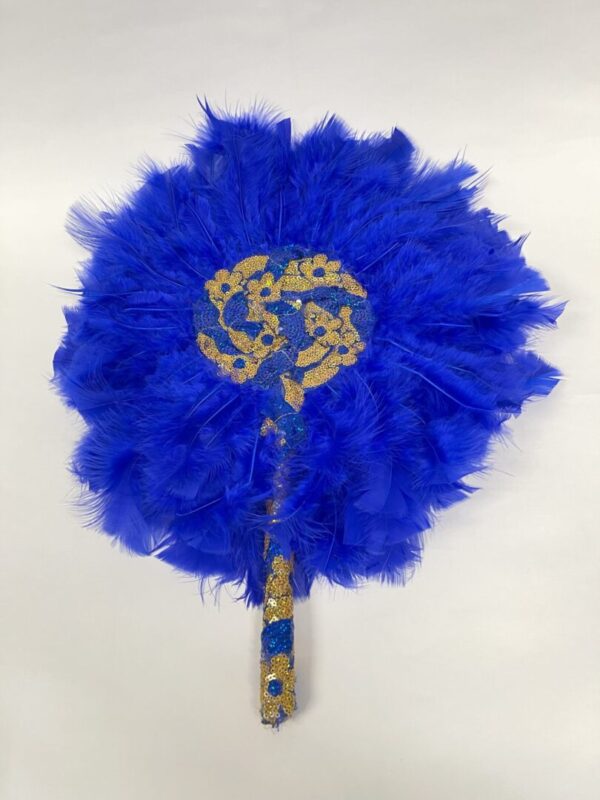 Blue feather fan with gold trim.