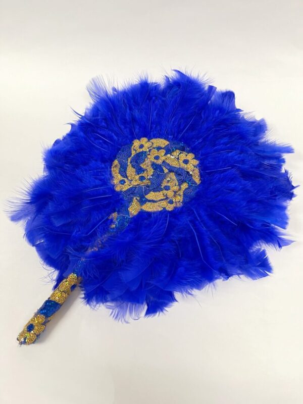 A blue feather fan with gold accents on it.