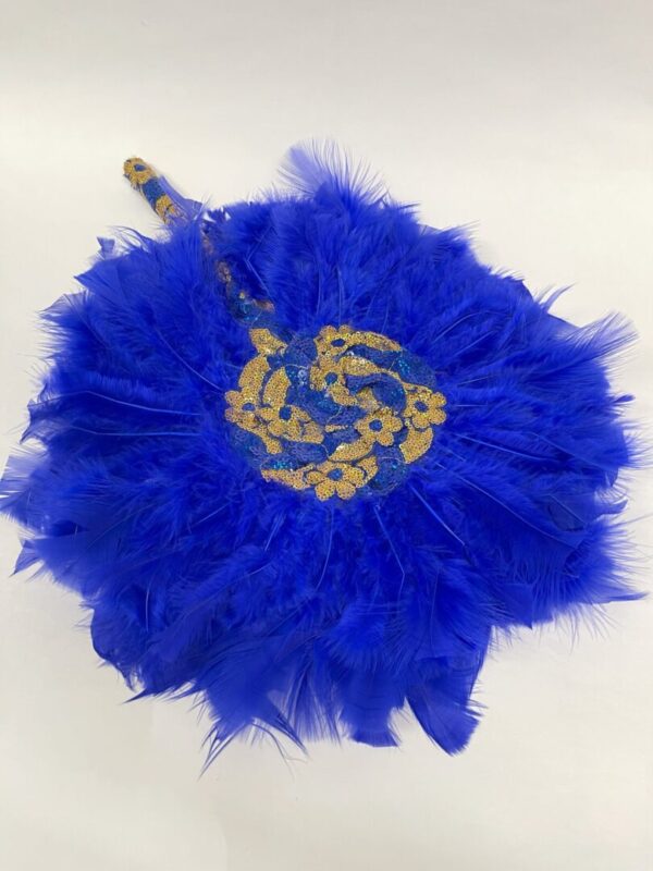 Blue feather fan with gold design.