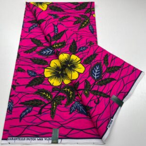 Pink fabric with yellow flowers and leaves.