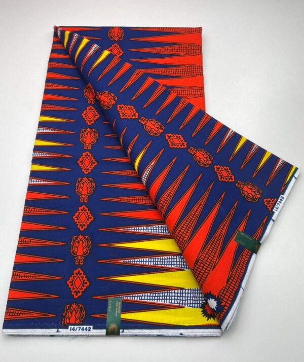 Blue, red, and yellow patterned fabric.