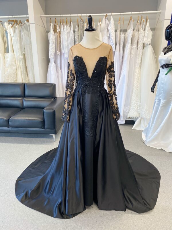 Black lace long-sleeve wedding gown.