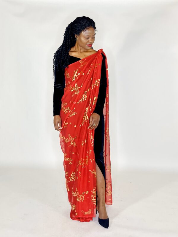 Woman wearing a red and gold sari.