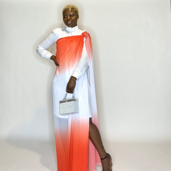 Woman in ombre white and orange dress.