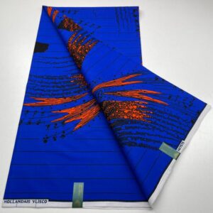 A blue fabric with orange and black designs.