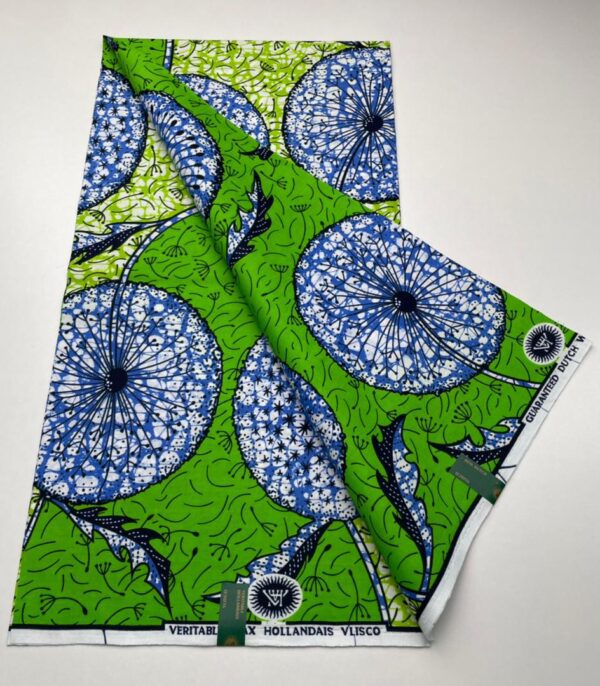 A green and blue fabric with white flowers