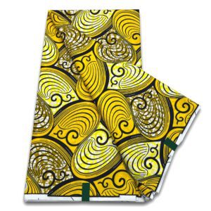 Yellow fabric with swirl pattern.