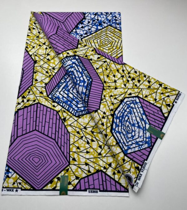 Purple and yellow geometric wax print fabric.