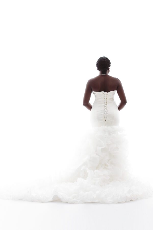 Bride in white wedding dress from behind.