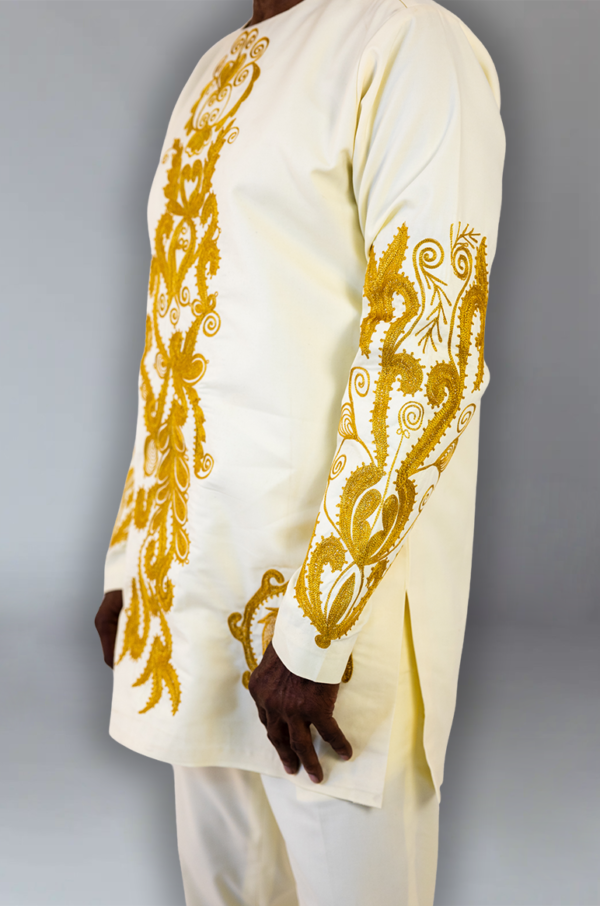 African Regal Ivory and Gold Embroidered Tunic Set