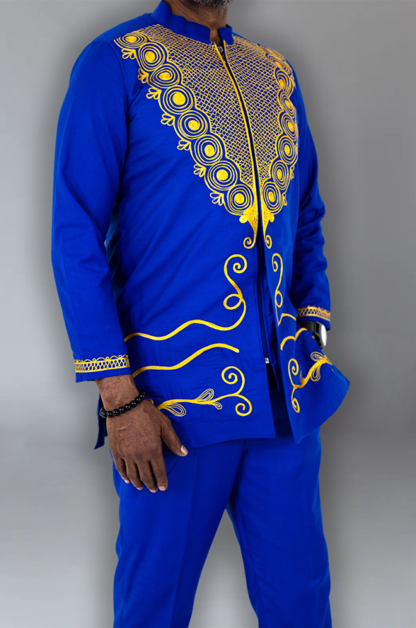 Royal Blue African Suit with Golden Embroidery