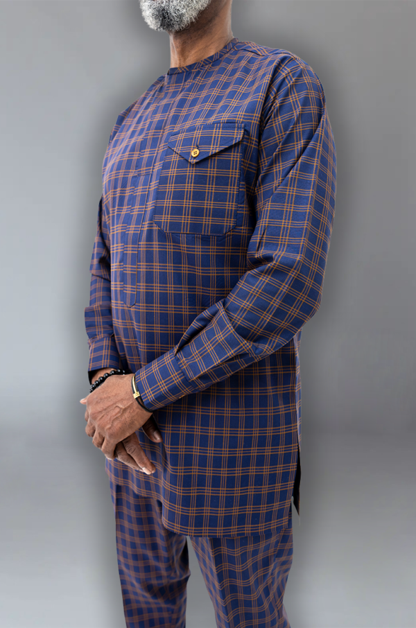 Menswear Checkered Tunic Set - Royal Blue & Brown Plaid