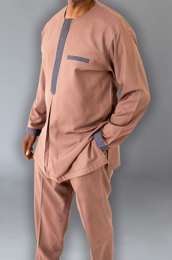 Dusty Rose Tunic with Contrast Blue Accents - Contemporary African Menswear - Image 6