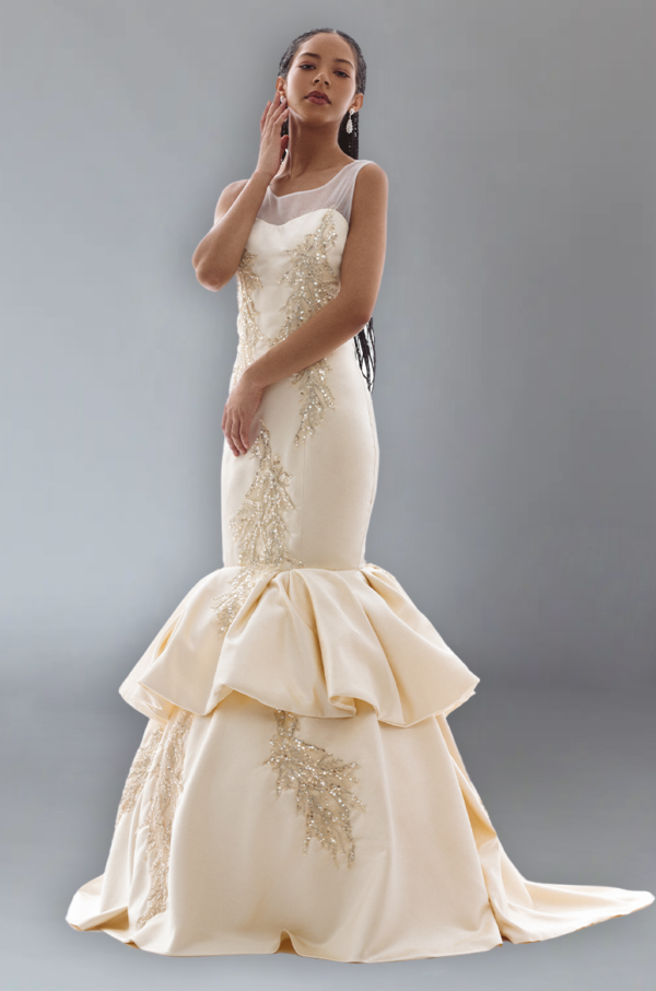 Champagne Wedding Dress with Cowl Neckline and Luxurious Satin Skirt - Image 2