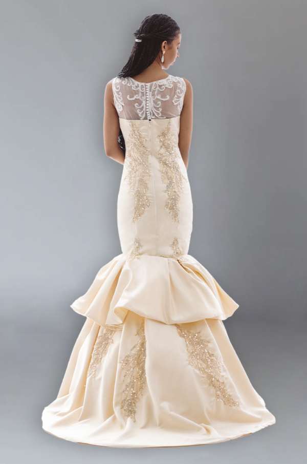 Champagne Wedding Dress with Cowl Neckline and Luxurious Satin Skirt - Image 3